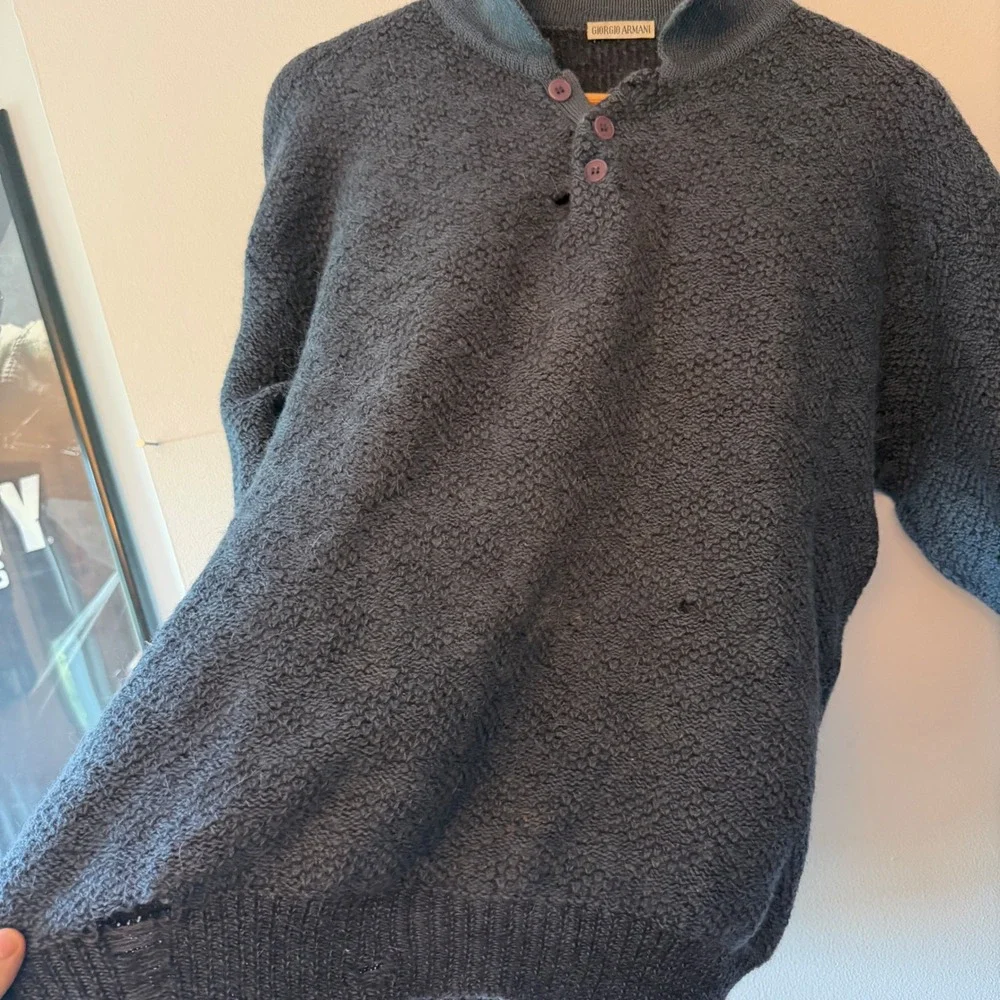 Giorgio Armani Vintage Mens Henley Sweater Charcoal Grey Boucle Textured Knit - Picture 3 of 8